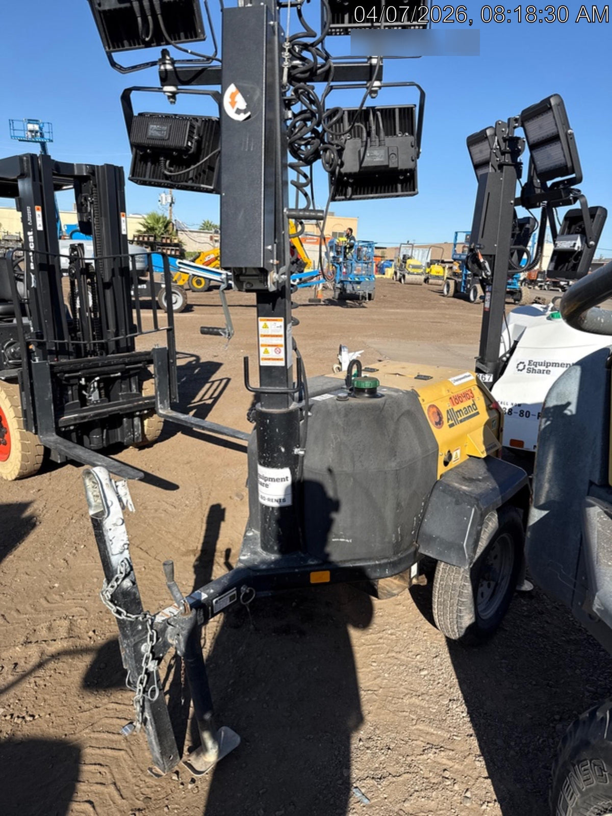Allmand NLV3GR (4) LED Light Fixture 350W, 23' Vertical Mast, 3kW Prime, Towable, Deep Sea L401, Leveling Jacks, Yanmar T4F 5.8hp