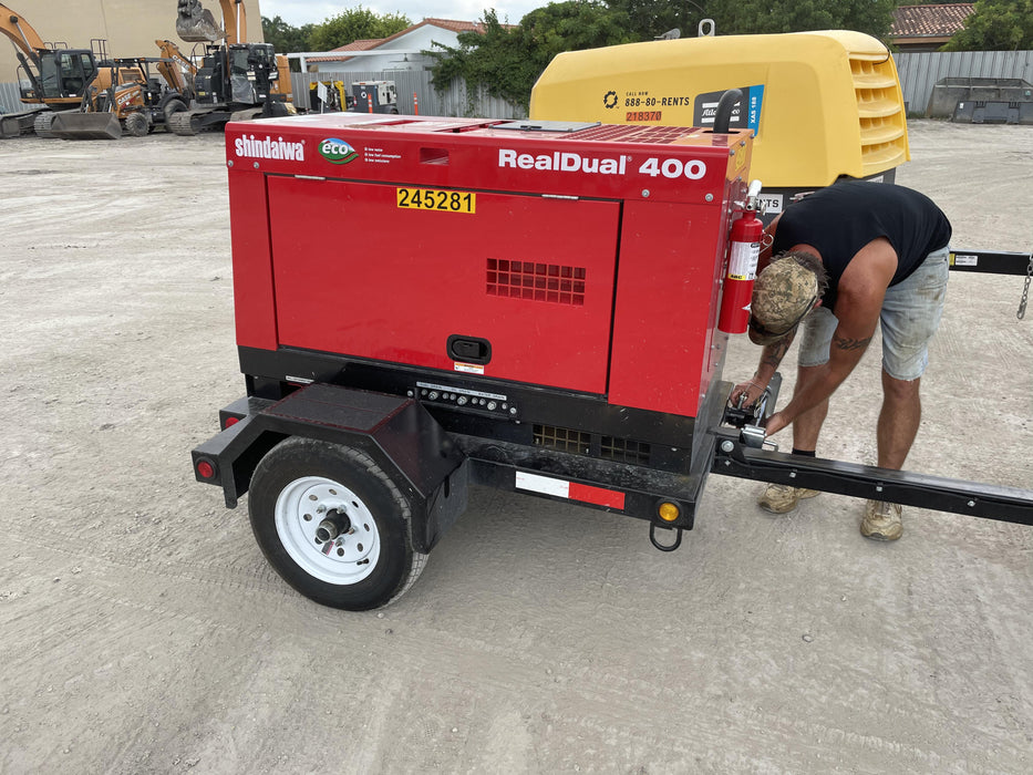 2022 Shindaiwa DGW400MDL Kubota D902 Engine, 23 HP, Dual Op Welder, Wire, Arc, Droop Stick, Tig, and CC Stick Functionality, Simulphase, 3 Phase and 1 Phase Gen Output, Single Axle NB Trlr, Slr Trckl Chrg 12V 12W, Fire Ext