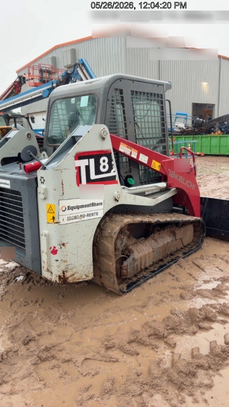 2019 Takeuchi TL8 Cab, Heat/AC, Defroster, 15" Wide Rubber Tracks, Back-up Alarm, Front & Rear Working Lights, Auxiliary Hydraulics, Two-Speed Travel, Electronic Monitoring System, Hydraulic Universal Quick Hitch 76" HD Dirt Bucket with 8 Teeth, 20.3 cubic feet Capacity