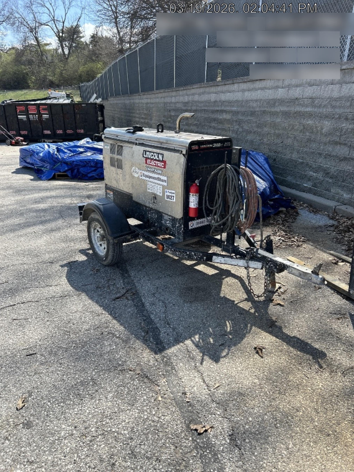 2019 Lincoln Electric Vantage 322 Welder Ready-Pak 3, Two wheel trailer, Fender and Light kit, Cable Rack