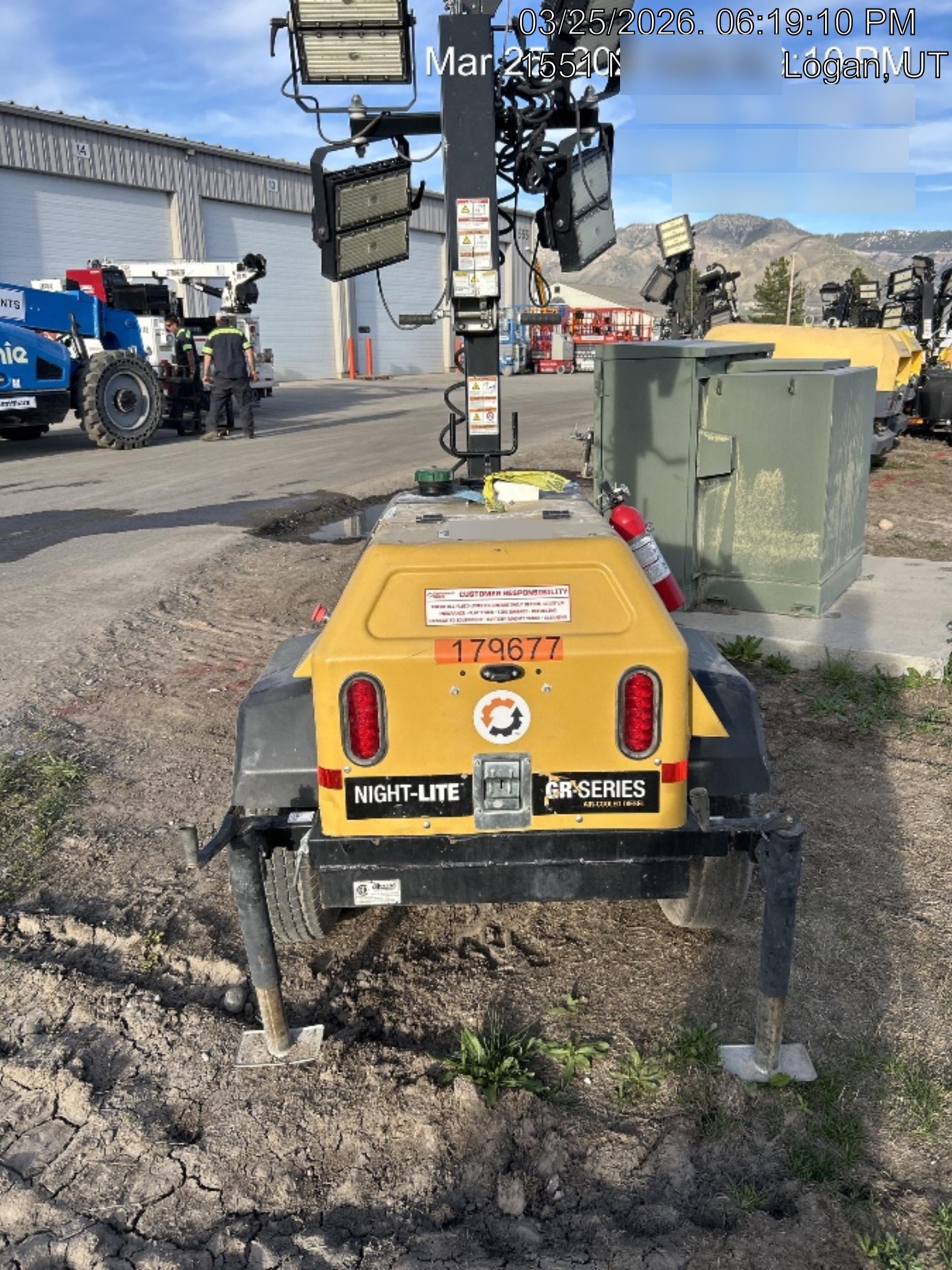 Allmand NLV3GR (4) LED Light Fixture 350W, 23' Vertical Mast, 3kW Prime, Towable, Deep Sea L401, Leveling Jacks, Yanmar T4F 5.8hp