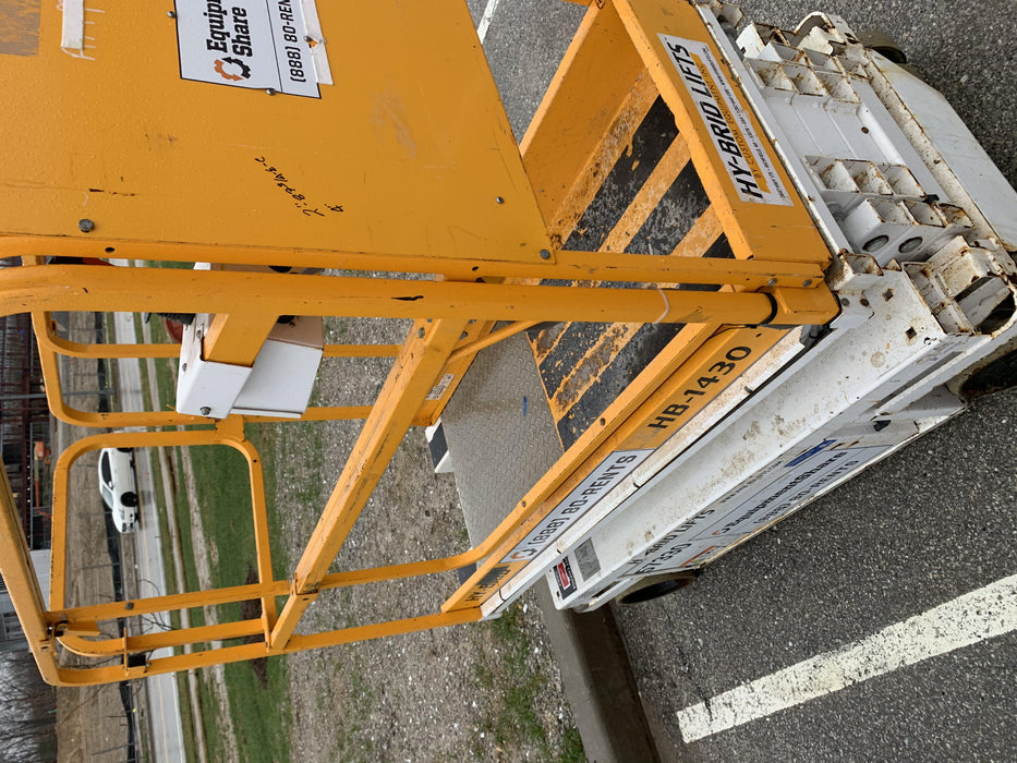 Custom Equipment HB-1430 <ul>
 <li>Hy-Brid Scissor Lift</li>
  <li>Platform capacity up to 670 lbs.</li>
  <li>Working height up to 20 ft</li>
  <li>Weighs under 1,700 lbs.</li>
  <li>Non-marking wheels </li>
</ul>