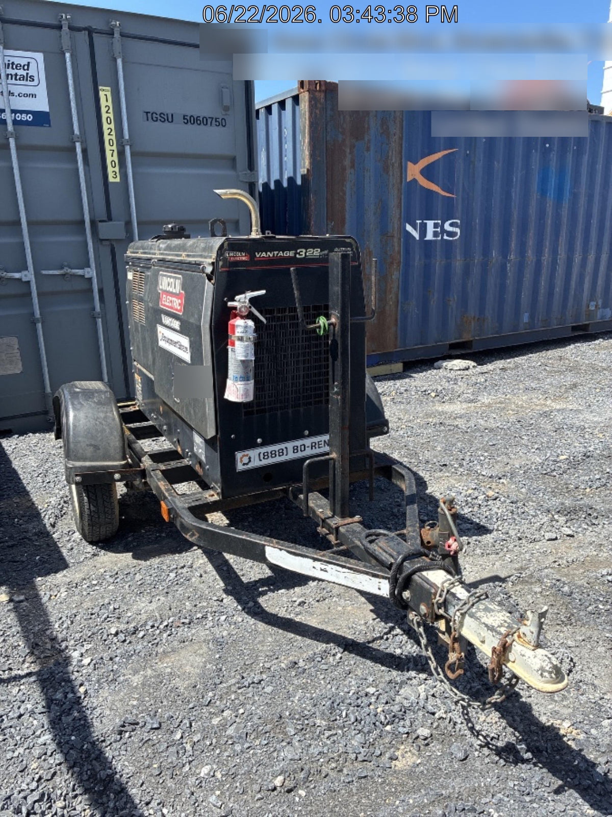 2019 Lincoln Electric Vantage 322 Ready-Pak 3, Two Wheel Trailer, Fender and Light Kit, Cable Rack