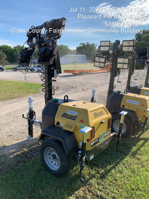 2022 Allmand NLV3GR (4) LED Light Fixture 350W, 23' Vertical Mast, 3kW Prime, Towable, Deep Sea L401, Leveling Jacks, Yanmar T4F 5.8hp