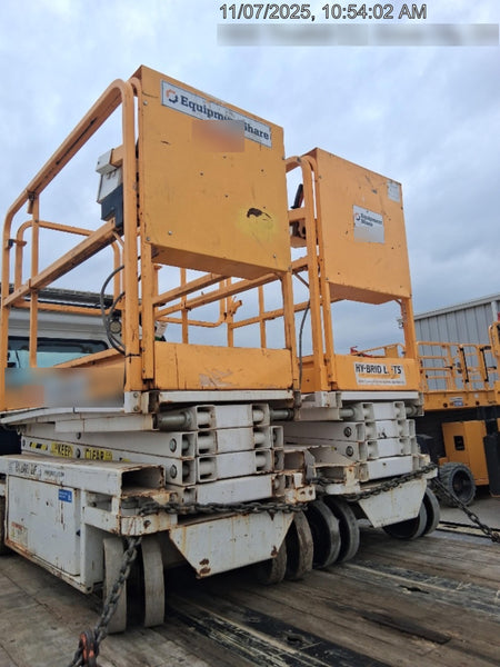 Custom Equipment HB-1430 Hy-Brid Scissor Lift
Platform capacity up to 670 lbs
Working height up to 20 ft
Weighs under 1,700 lbs
Non-marking wheels