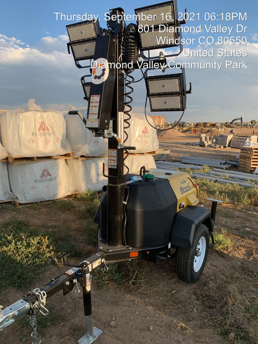 2021 Allmand NLV3GR (4) LED Light Fixture 350W, 23' Vertical Mast, 3kW Prime, Towable, Deep Sea L401, Leveling Jacks, Yanmar T4F 5.8hp