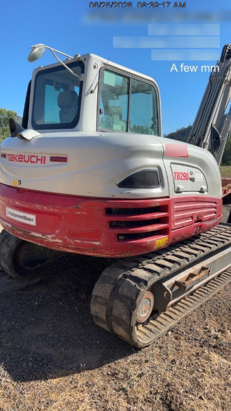 2019 Takeuchi TB290 Cab/Heat/AC Rubber tracks, Dozer blade, Travel alarm, Auxiliary hydraulics Manual QC, Hydraulic thumb, 18", 24", and 36" Buckets