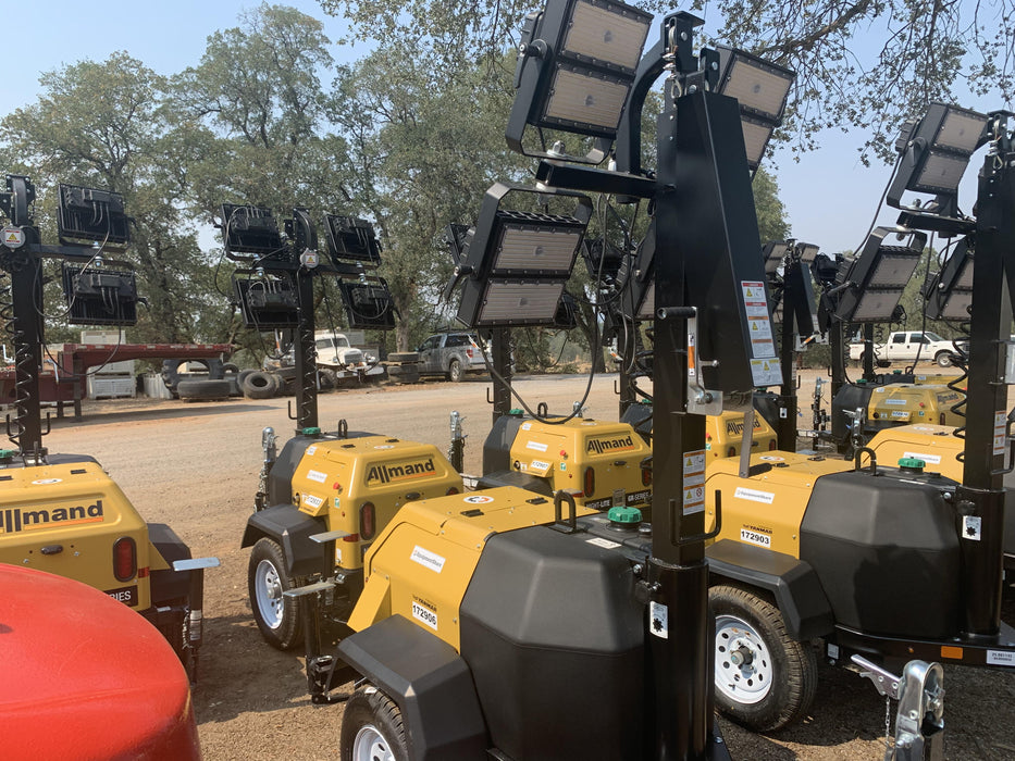 Allmand NLV3GR (4) LED Light Fixture 350W, 23' Vertical Mast, 3kW Prime, Towable, Deep Sea L401, Leveling Jacks, Yanmar T4F 5.8hp