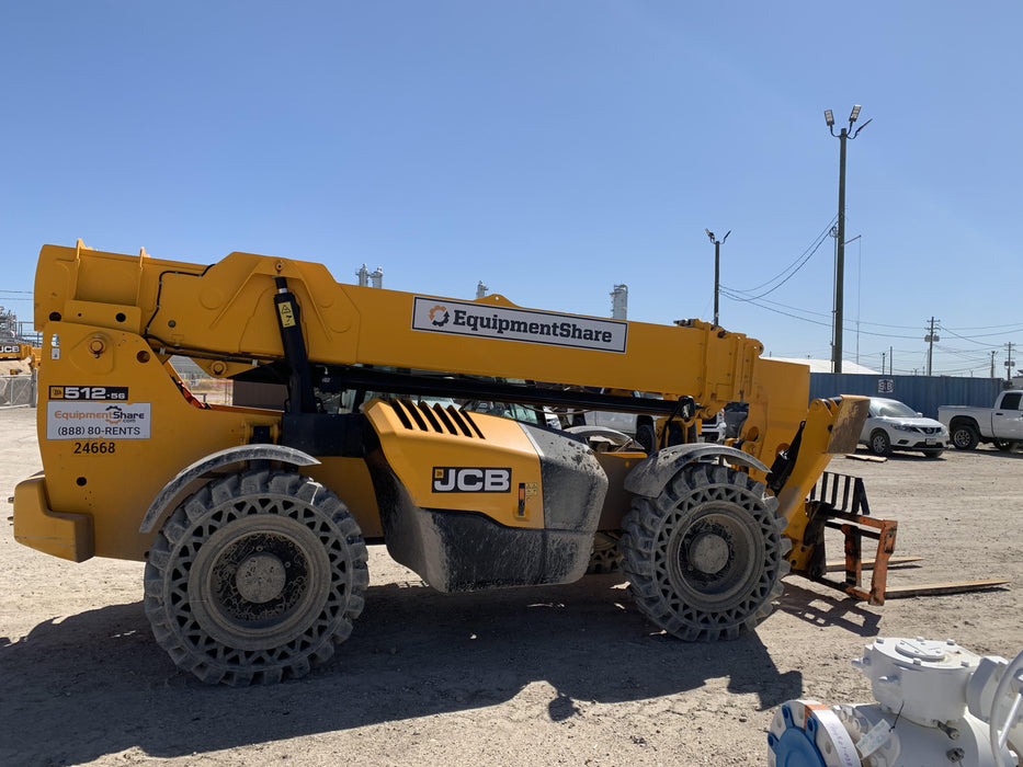 2019 JCB 512-56 74 HP w/CAB/HVAC, Beacon, Aux Hydraulics, Worklights, Solid Tires w/60" Carriage/Forks