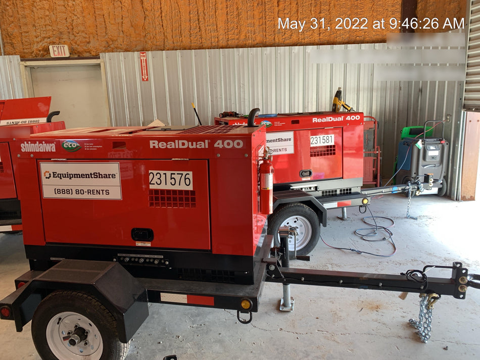 2022 Shindaiwa DGW400MDL Kubota D902 Engine, 23 HP, Dual Op Welder, Wire, Arc, Droop Stick, Tig, and CC Stick Functionality, Simulphase, 3 Phase and 1 Phase Gen Output, Single Axle NB Trlr, Slr Trckl Chrg 12V 12W, Fire Ext