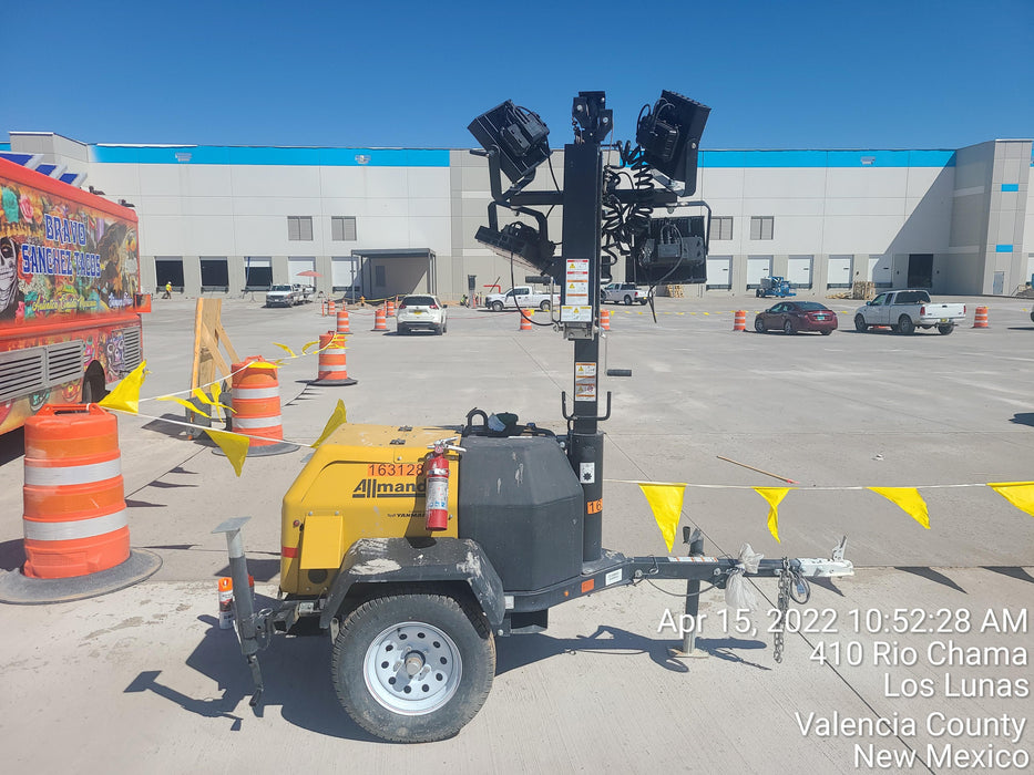 2021 Allmand NLV3GR (4) LED Light Fixture 350W, 23' Vertical Mast, 3kW Prime, Towable, Deep Sea L401, Leveling Jacks, Yanmar T4F 5.8hp