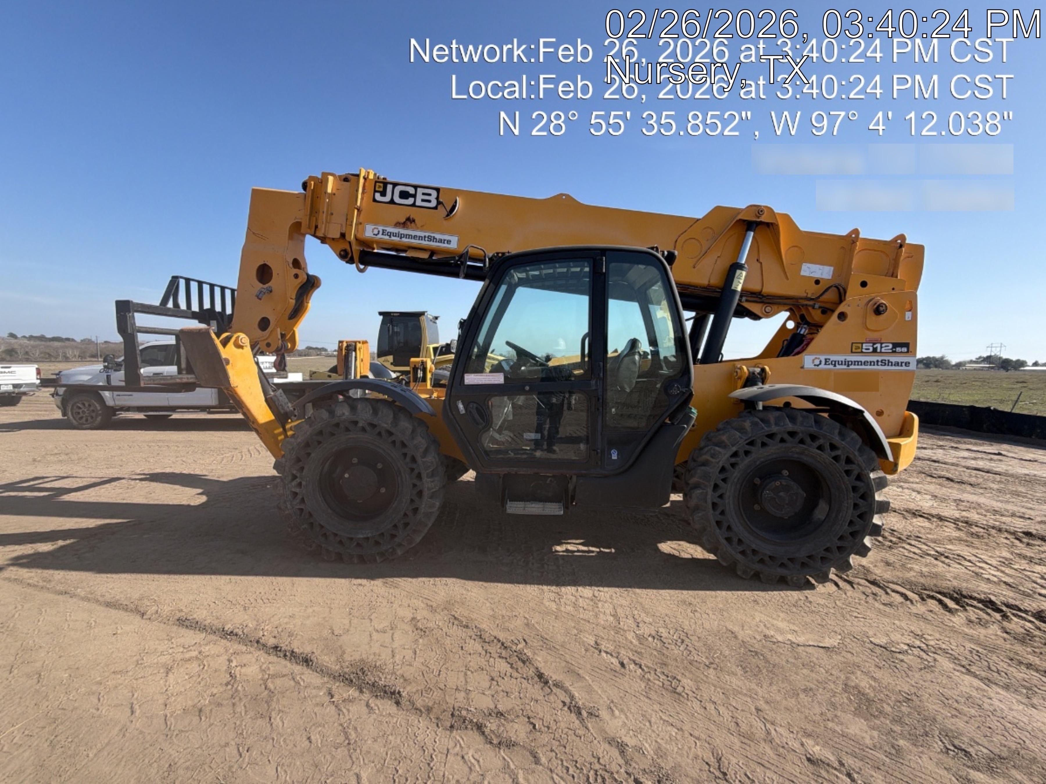 2019 JCB 512-56 74 HP w/CAB/HVAC, Beacon, Aux Hydraulics, Worklights, Solid Tires w/60" Carriage/Forks