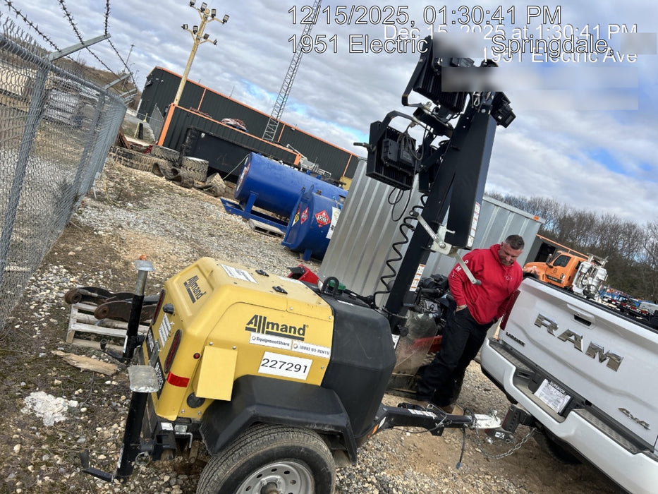 2022 Allmand NLV3GR (4) LED Light Fixture 350W, 23' Vertical Mast, 3kW Prime, Towable, Deep Sea L401, Leveling Jacks, Yanmar T4F 5.8hp