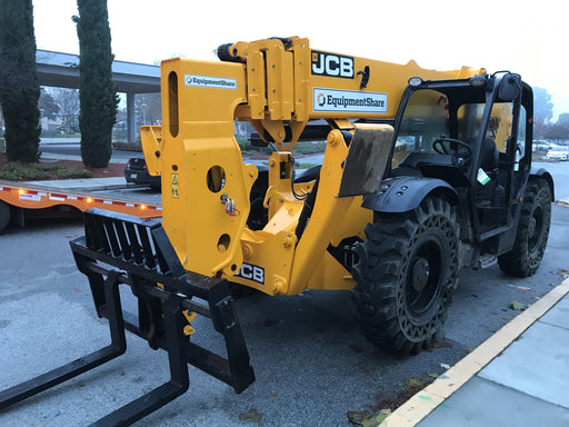 2019 JCB 510-56 74 HP w/Open ROPS, Beacon, Aux Hydraulics, Worklights, Solid Tires w/60" Carriage/Forks