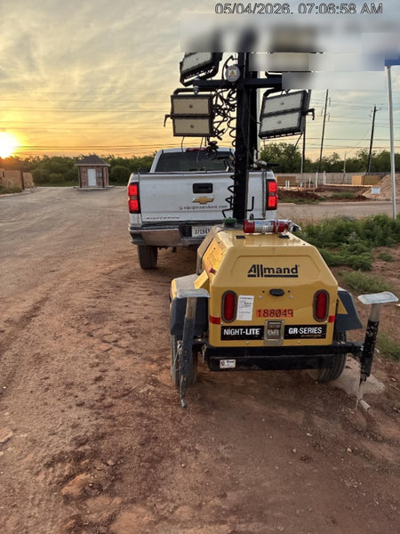Allmand NLV3GR (4) LED Light Fixture 350W, 23' Vertical Mast, 3kW Prime, Towable, Deep Sea L401, Leveling Jacks, Yanmar T4F 5.8hp