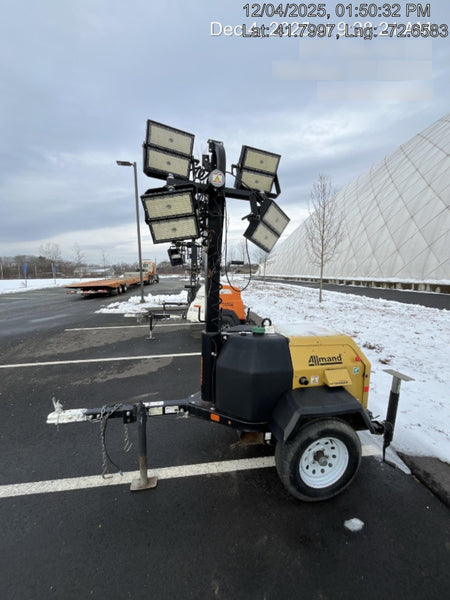 Allmand NLV3GR (4) LED Light Fixture 350W, 23' Vertical Mast, 3kW Prime, Towable, Deep Sea L401, Leveling Jacks, Yanmar T4F 5.8hp