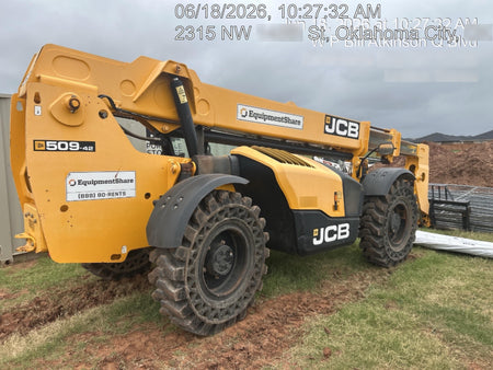 2019 JCB 509-42 74 HP w/Open ROPS, Beacon, Aux Hydraulics, LED Work lights, Solid Tires 66" Carriage/60" Forks