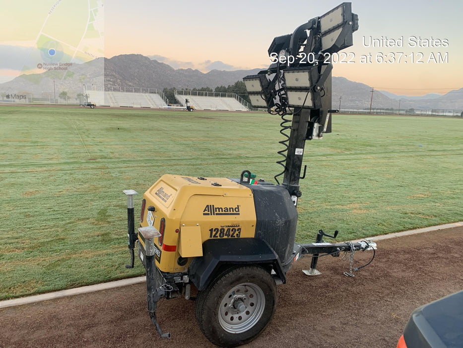 2021 Allmand NLV3GR (4) LED Light Fixture 350W, 23' Vertical Mast, 3kW Prime, Towable, Deep Sea L401, Leveling Jacks, Yanmar T4F 5.8hp