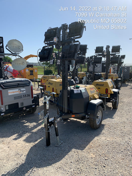 2022 Allmand NLV3GR (4) LED Light Fixture 350W, 23' Vertical Mast, 3kW Prime, Towable, Deep Sea L401, Leveling Jacks, Yanmar T4F 5.8hp