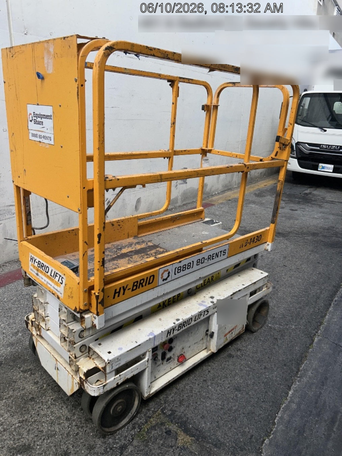 Custom Equipment HB-1430 <ul>
 <li>Hy-Brid Scissor Lift</li>
  <li>Platform capacity up to 670 lbs.</li>
  <li>Working height up to 20 ft</li>
  <li>Weighs under 1,700 lbs.</li>
  <li>Non-marking wheels </li>
</ul>