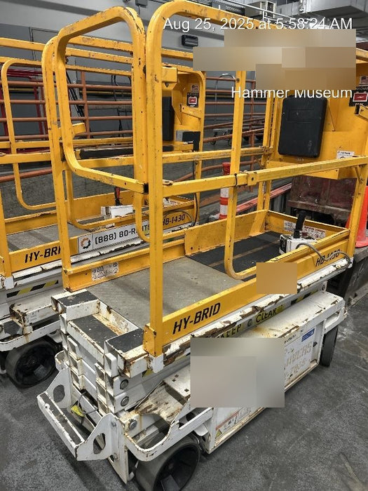 Custom Equipment HB-1430 <ul>
 <li>Hy-Brid Scissor Lift</li>
  <li>Platform capacity up to 670 lbs.</li>
  <li>Working height up to 20 ft</li>
  <li>Weighs under 1,700 lbs.</li>
  <li>Non-marking wheels </li>
</ul>
