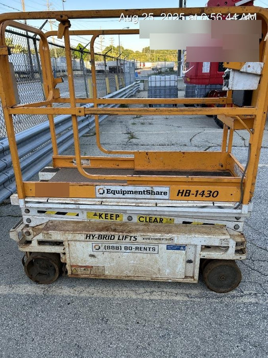 Custom Equipment HB-1430 Hy-Brid Scissor Lift
Platform capacity up to 670 lbs
Working height up to 20 ft
Weighs under 1,700 lbs
Non-marking wheels