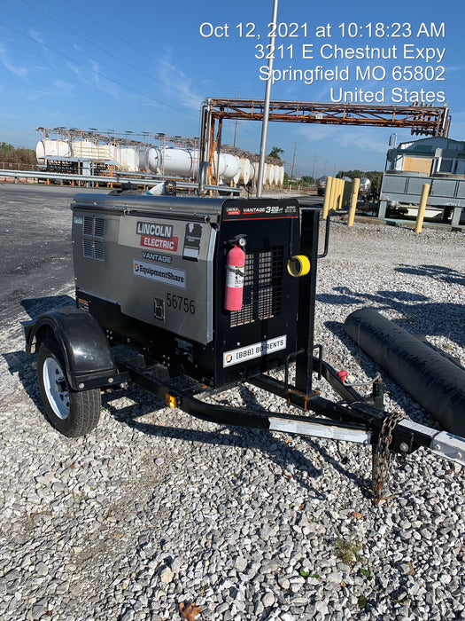 2019 Lincoln Electric Vantage 322 Welder Ready-Pak 3, Two wheel trailer, Fender and Light kit, Cable Rack