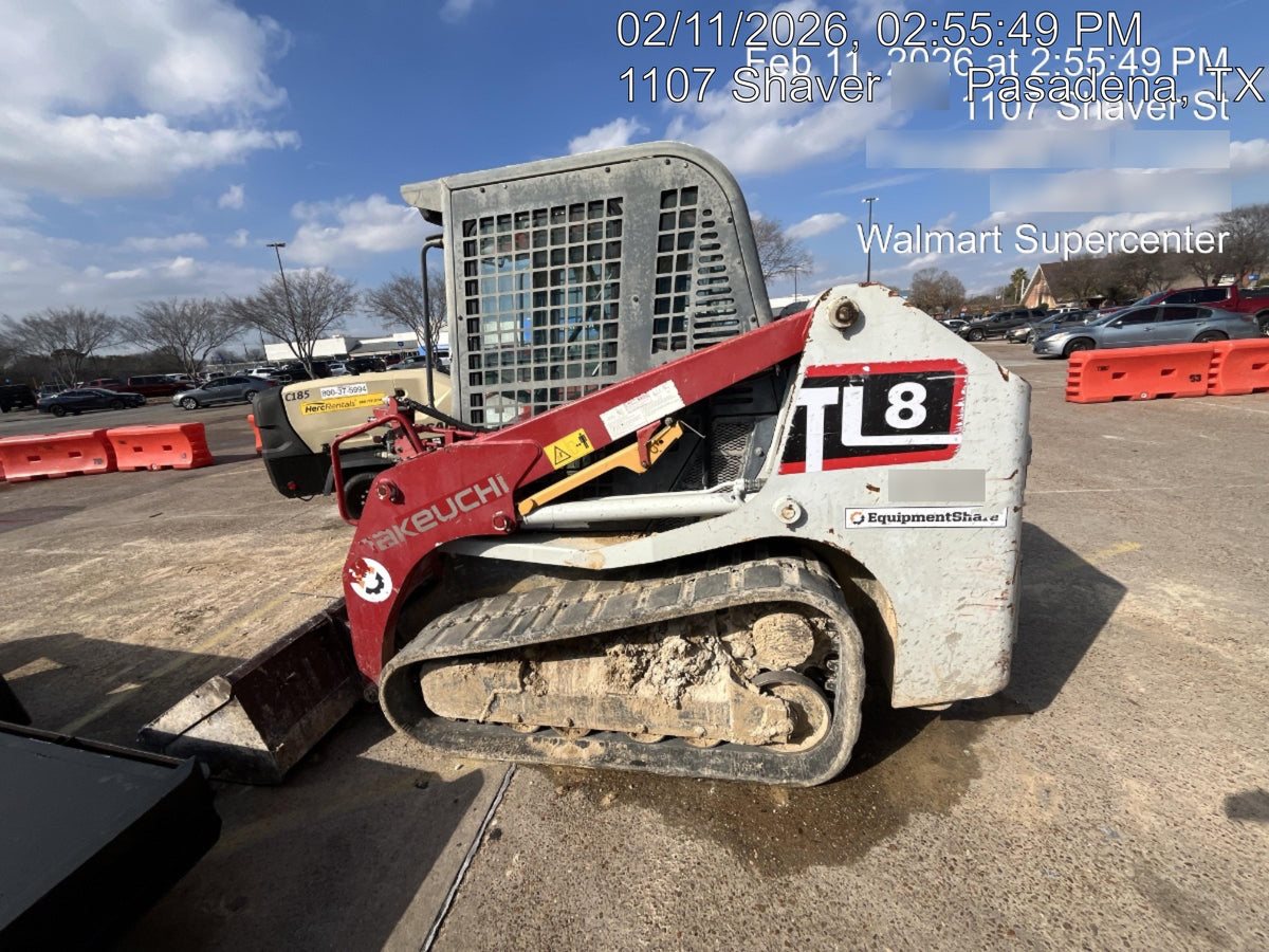2019 Takeuchi TL8 Cab, Heat/AC, Defroster, 15" Wide Rubber Tracks, Back-up Alarm, Front & Rear Working Lights, Auxiliary Hydraulics, Two-Speed Travel, Electronic Monitoring System, Hydraulic Universal Quick Hitch 76" HD Dirt Bucket with 8 Teeth, 20.3 cubic feet Capacity
