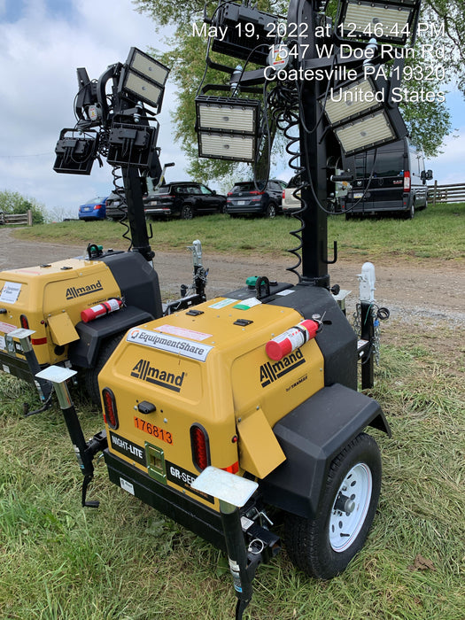 Allmand NLV3GR (4) LED Light Fixture 350W, 23' Vertical Mast, 3kW Prime, Towable, Deep Sea L401, Leveling Jacks, Yanmar T4F 5.8hp