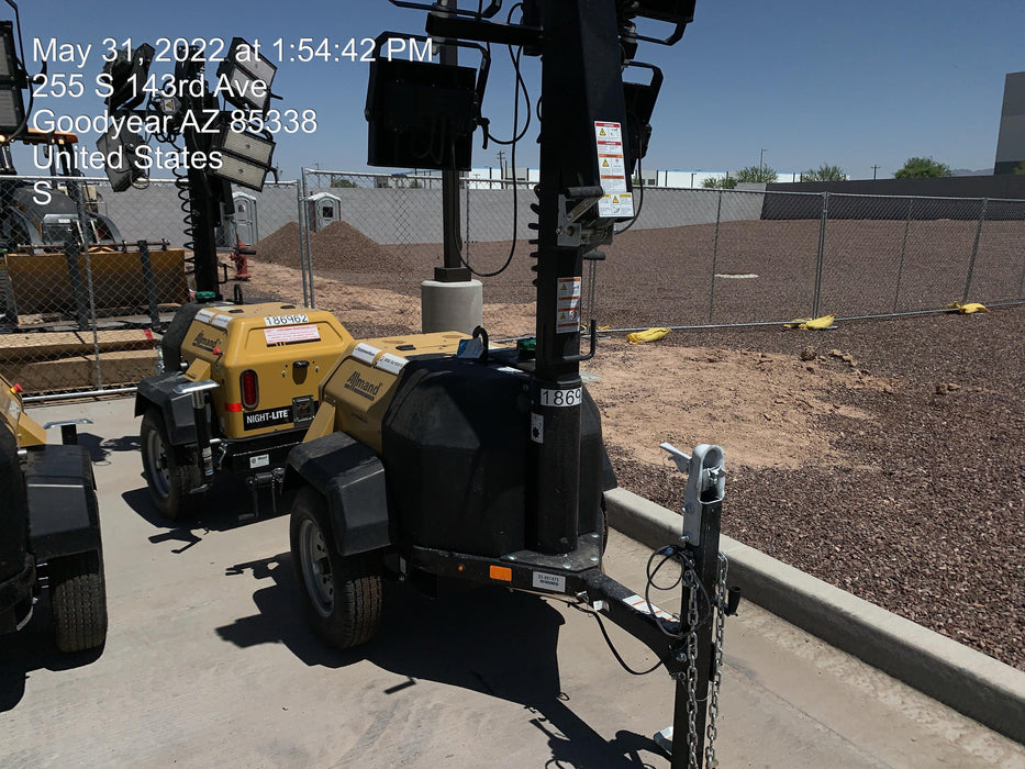 Allmand NLV3GR (4) LED Light Fixture 350W, 23' Vertical Mast, 3kW Prime, Towable, Deep Sea L401, Leveling Jacks, Yanmar T4F 5.8hp