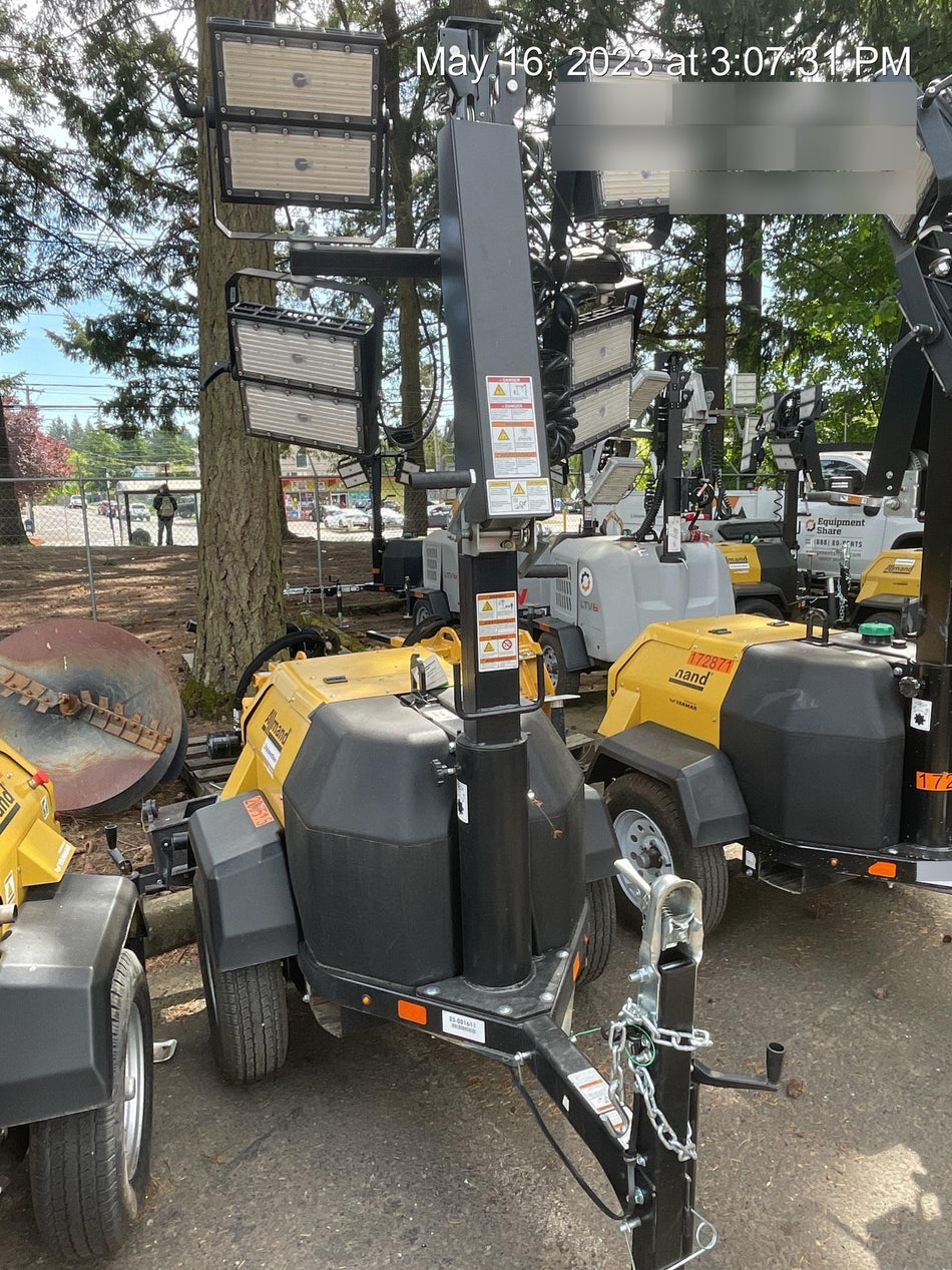 2022 Allmand NLV3GR (4) LED Light Fixture 350W, 23' Vertical Mast, 3kW Prime, Towable, Deep Sea L401, Leveling Jacks, Yanmar T4F 5.8hp