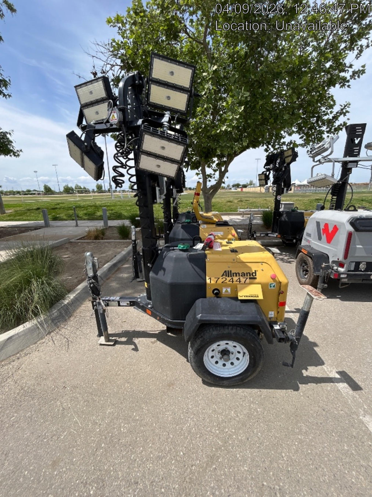 2021 Allmand NLV3GR (4) LED Light Fixture 350W, 23' Vertical Mast, 3kW Prime, Towable, Deep Sea L401, Leveling Jacks, Yanmar T4F 5.8hp