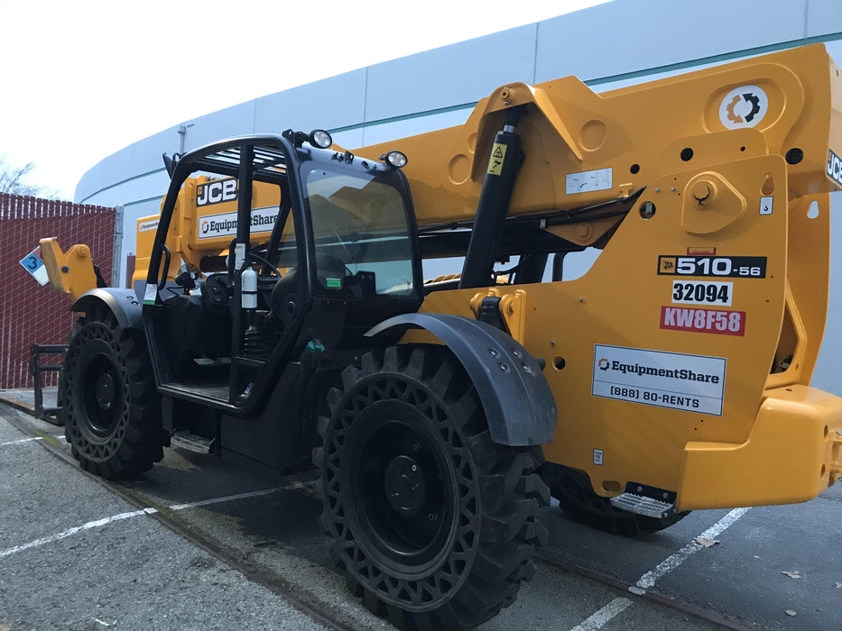 2019 JCB 510-56 Open ROPS, 74 HP, Solid Tires, Worklights, Beacon, Aux Hydraulics, Lifting Eye w/66" Carriage/60" Forks
