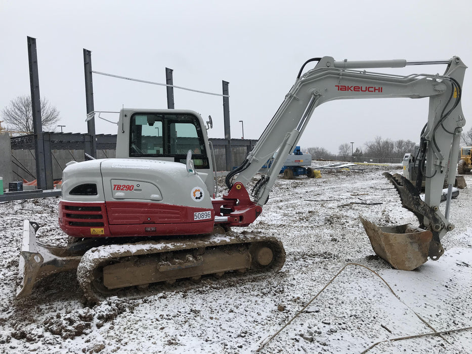 2019 Takeuchi TB290 Cab, AC, Rubber Tracks, Dozer Blade, Travel Alarm, Control Pattern Change Valve, Auxiliary Hydraulics w/18" Quick Coupler Bucket with teeth, 6.2 cu. ft. capacity/24" Quick Coupler Bucket with teeth, 8.6 cu. ft. capacity/36" Quick Coupler Bucket with teeth, 13.4 cu. ft. capacity, Quick Coupler, Hydraulic Thumb Installed