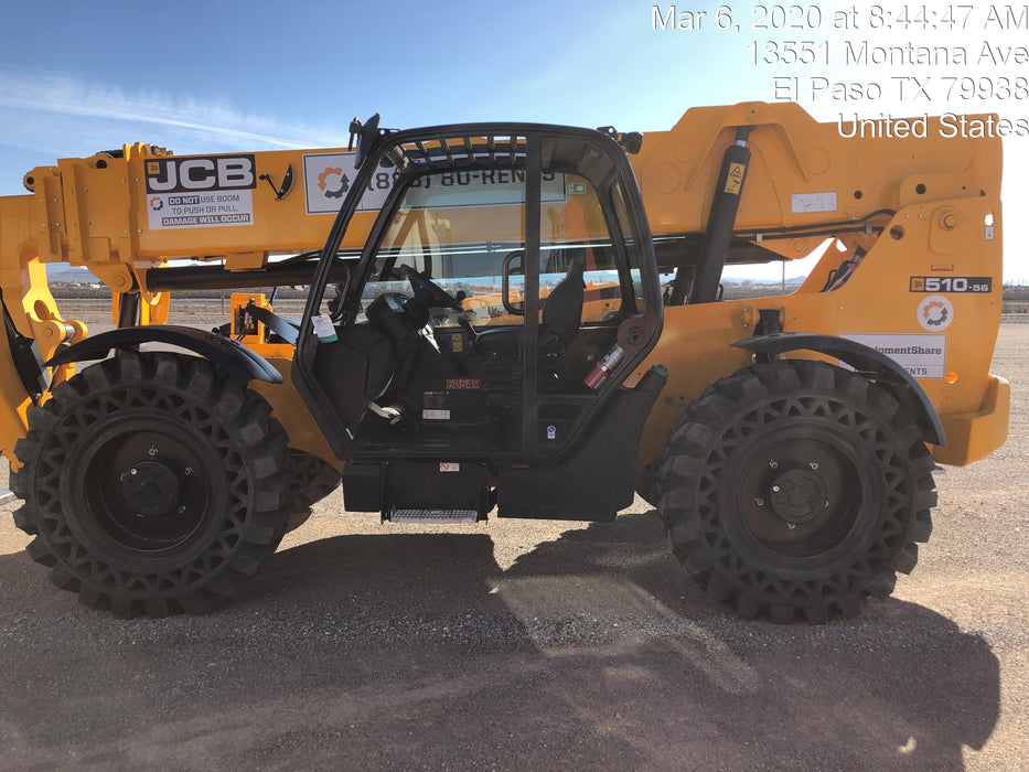 2020 JCB 510-56 Canopy, 74 HP, Solid Tires, STD Worklight, Beacon, Aux Hydraulics, Lifting Eye, Back up Alarm w/66" Carriage/60" Forks