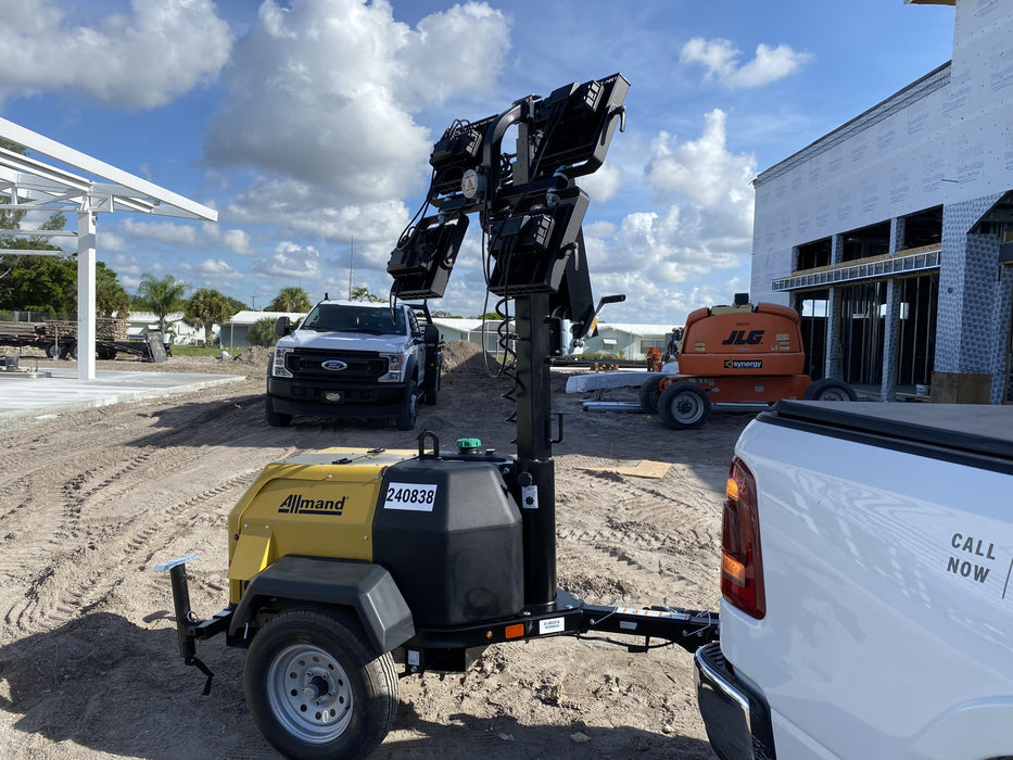 2022 Allmand NLV3GR (4) LED Light Fixture 350W, 23' Vertical Mast, 3kW Prime, Towable, Deep Sea L401, Leveling Jacks, Yanmar T4F 5.8hp