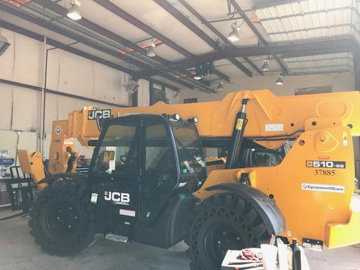 2019 JCB 510-56 74 HP w/CAB/HVAC, Beacon, Worklights, Aux Hydraulics, Solid Tires 66" Carriage/60" Forks