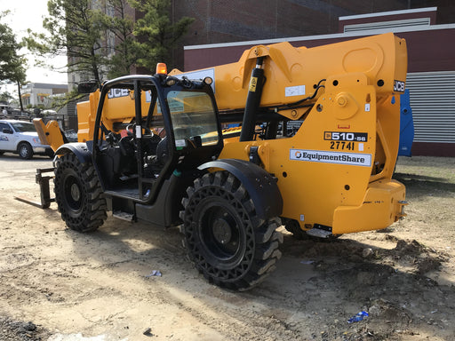 2019 JCB 510-56 Open ROPS, 74 HP, Solid Tires, Worklights, Beacon, Aux Hydraulics, Lifting Eye w/60" Carriage/60" Forks
