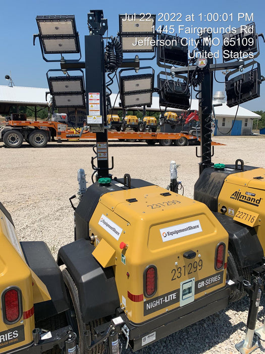 2022 Allmand NLV3GR (4) LED Light Fixture 350W, 23' Vertical Mast, 3kW Prime, Towable, Deep Sea L401, Leveling Jacks, Yanmar T4F 5.8hp