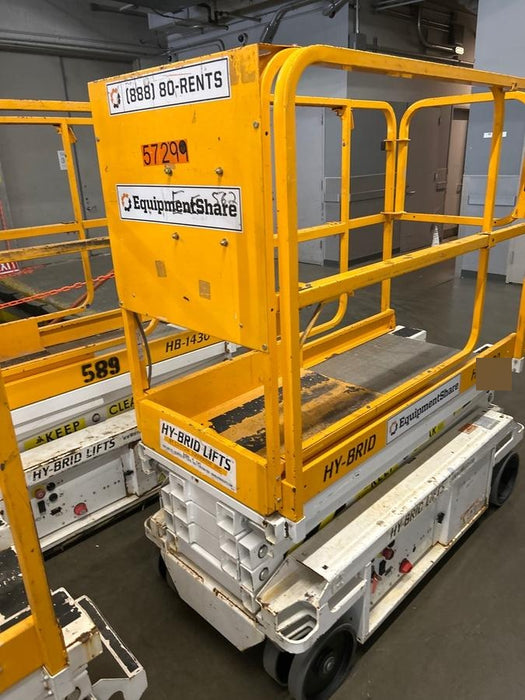 Custom Equipment HB-1430 <ul>
 <li>Hy-Brid Scissor Lift</li>
  <li>Platform capacity up to 670 lbs.</li>
  <li>Working height up to 20 ft</li>
  <li>Weighs under 1,700 lbs.</li>
  <li>Non-marking wheels </li>
</ul>