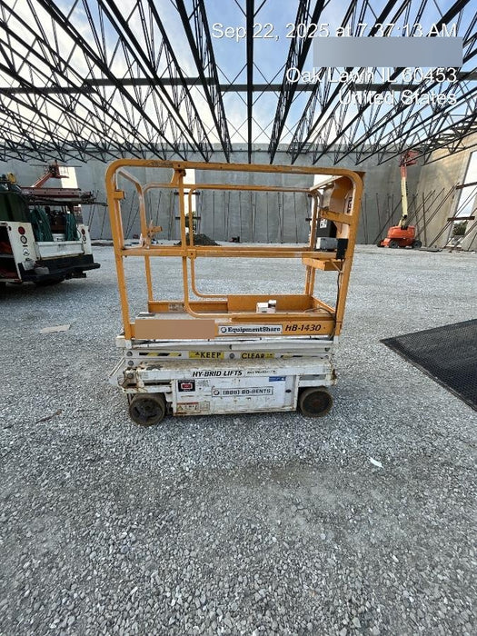 Custom Equipment HB-1430 <ul>
 <li>Hy-Brid Scissor Lift</li>
  <li>Platform capacity up to 670 lbs.</li>
  <li>Working height up to 20 ft</li>
  <li>Weighs under 1,700 lbs.</li>
  <li>Non-marking wheels </li>
</ul>