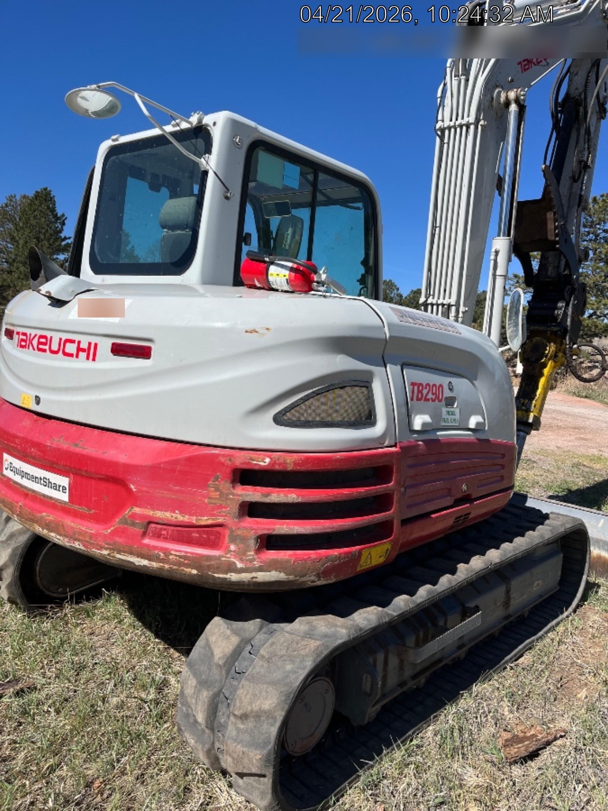 2019 Takeuchi TB290 Cab, AC, Rubber Tracks, Dozer Blade, Travel Alarm, Control Pattern Change Valve, Auxiliary Hydraulics w/18" Quick Coupler Bucket with teeth, 6.2 cu. ft. capacity/24" Quick Coupler Bucket with teeth, 8.6 cu. ft. capacity/36" Quick Coupler Bucket with teeth, 13.4 cu. ft. capacity, Quick Coupler, Hydraulic Thumb Installed