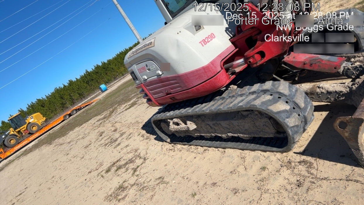 2019 Takeuchi TB290 Cab, AC, Rubber Tracks, Dozer Blade, Travel Alarm, Control Pattern Change Valve, Auxiliary Hydraulics w/18" Quick Coupler Bucket with teeth, 6.2 cu. ft. capacity/24" Quick Coupler Bucket with teeth, 8.6 cu. ft. capacity/36" Quick Coupler Bucket with teeth, 13.4 cu. ft. capacity, Quick Coupler, Hydraulic Thumb Installed