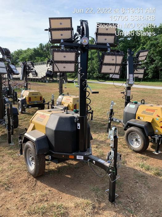 2022 Allmand NLV3GR (4) LED Light Fixture 350W, 23' Vertical Mast, 3kW Prime, Towable, Deep Sea L401, Leveling Jacks, Yanmar T4F 5.8hp