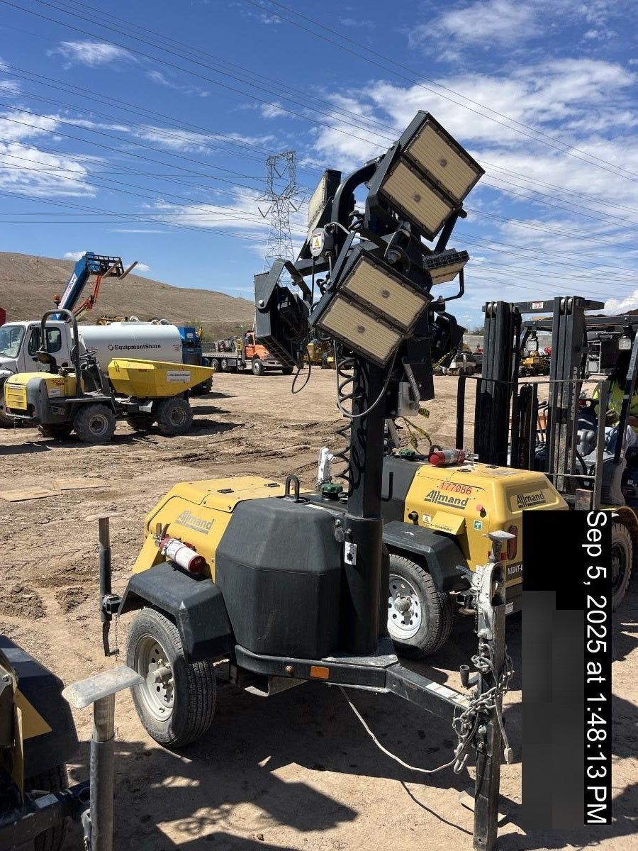 2022 Allmand NLV3GR (4) LED Light Fixture 350W, 23' Vertical Mast, 3kW Prime, Towable, Deep Sea L401, Leveling Jacks, Yanmar T4F 5.8hp