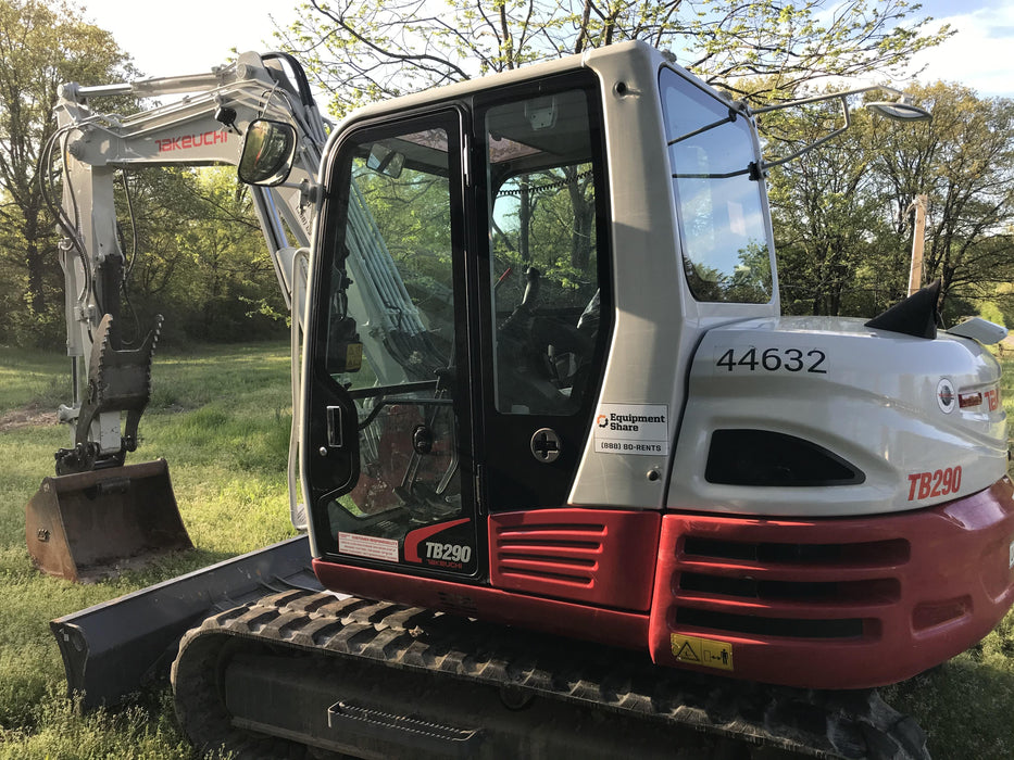 2019 Takeuchi TB290 Cab/Heat/AC Rubber tracks, Dozer blade, Travel alarm, Auxiliary hydraulics w/Manual QC, Hydraulic thumb, 18", 24", and 36" Buckets