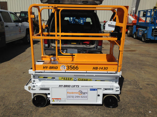 Custom Equipment HB-1430 Hy-Brid Scissor Lift
Platform capacity up to 670 lbs
Working height up to 20 ft
Weighs under 1,700 lbs
Non-marking wheels