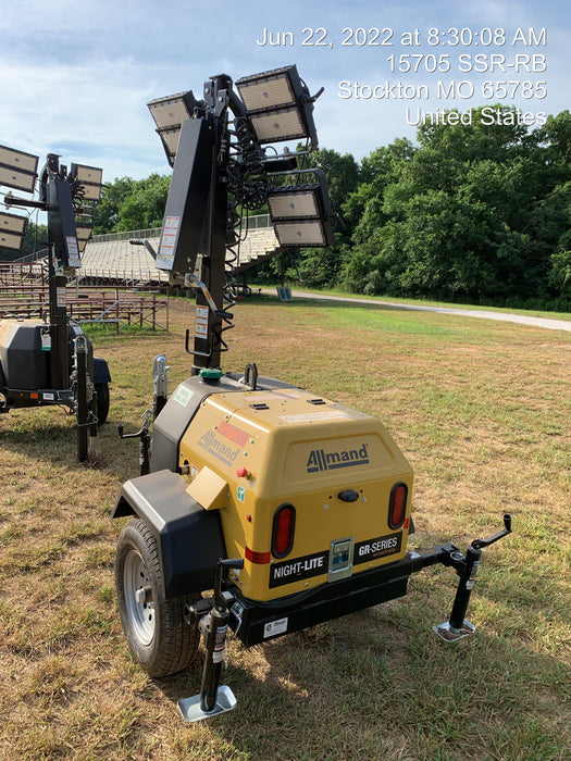 2022 Allmand NLV3GR (4) LED Light Fixture 350W, 23' Vertical Mast, 3kW Prime, Towable, Deep Sea L401, Leveling Jacks, Yanmar T4F 5.8hp