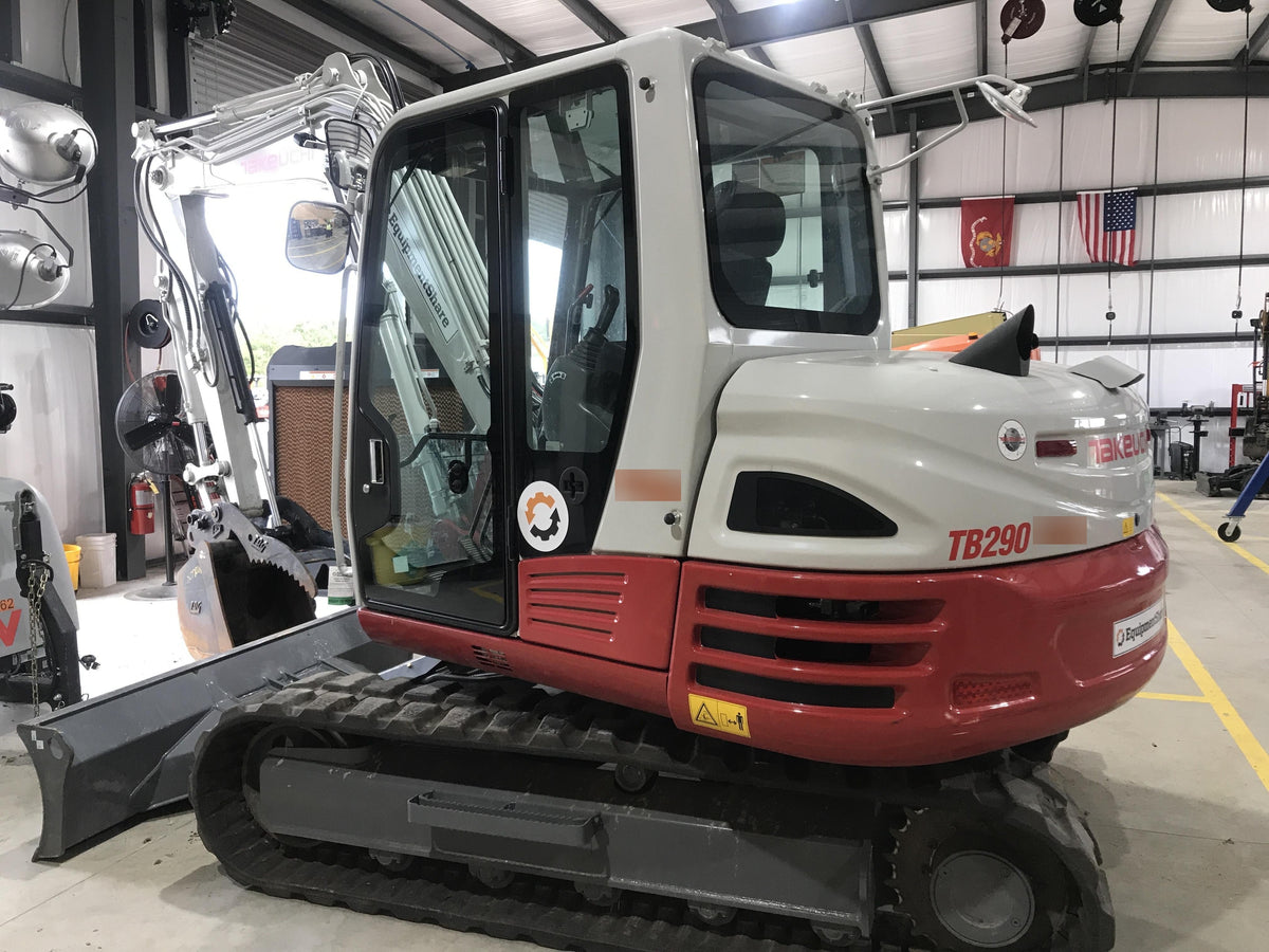2019 Takeuchi TB290 Cab, AC, Rubber Tracks, Dozer Blade, Travel Alarm, Control Pattern Change Valve, Auxiliary Hydraulics w/18" Quick Coupler Bucket with teeth, 6.2 cu. ft. capacity/24" Quick Coupler Bucket with teeth, 8.6 cu. ft. capacity/36" Quick Coupler Bucket with teeth, 13.4 cu. ft. capacity, Quick Coupler, Hydraulic Thumb Installed