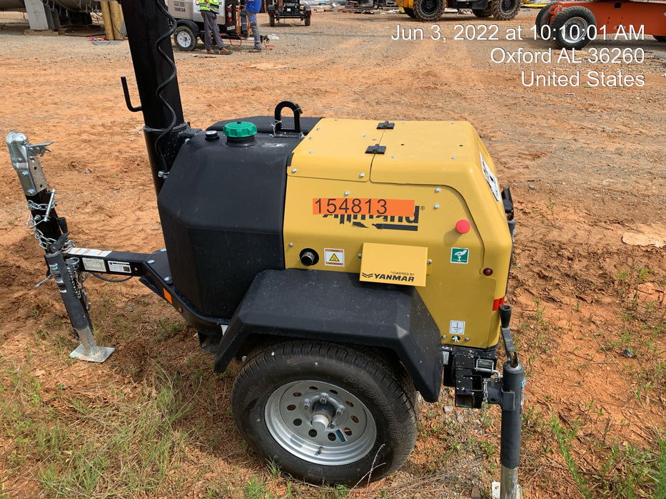 2022 Allmand NLV3GR (4) LED Light Fixture 350W, 23' Vertical Mast, 3kW Prime, Towable, Deep Sea L401, Leveling Jacks, Yanmar T4F 5.8hp